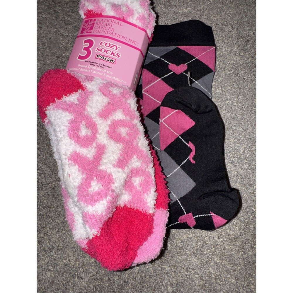 4 Ladies Breast Cancer Awareness Socks 3 Fuzzy; 1 Compression Sock Argyle Thick